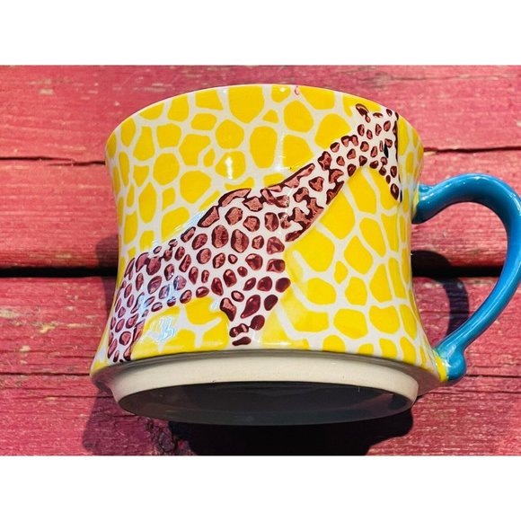 Pier 1 Coffee Mug Cup Yellow Hand Painted Giraffe Print Teal Handle 8 Ounces - Picture 1 of 12